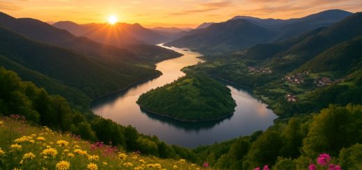 A stunning landscape photograph capturing the breathtaking view of the Rhodope Mountains at sunrise, bathed in golden light. A winding river reflects the warm colors of the sky, cutting through lush greenery that flanks both sides. In the foreground, wildflowers bloom vibrantly, while distant villages nestle among the hills, hinting at rich cultural ties. High-definition clarity emphasizes the intricate details of nature and architecture, inviting viewers to envision a vibrant future where interconnectedness thrives.