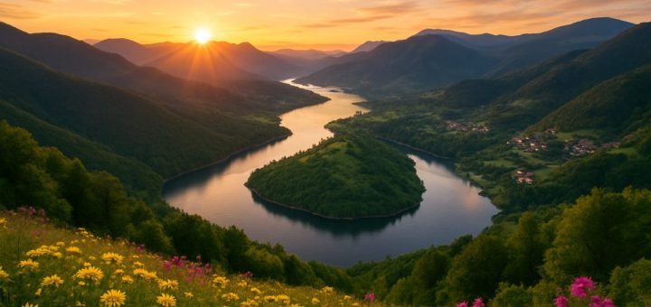 A stunning landscape photograph capturing the breathtaking view of the Rhodope Mountains at sunrise, bathed in golden light. A winding river reflects the warm colors of the sky, cutting through lush greenery that flanks both sides. In the foreground, wildflowers bloom vibrantly, while distant villages nestle among the hills, hinting at rich cultural ties. High-definition clarity emphasizes the intricate details of nature and architecture, inviting viewers to envision a vibrant future where interconnectedness thrives.