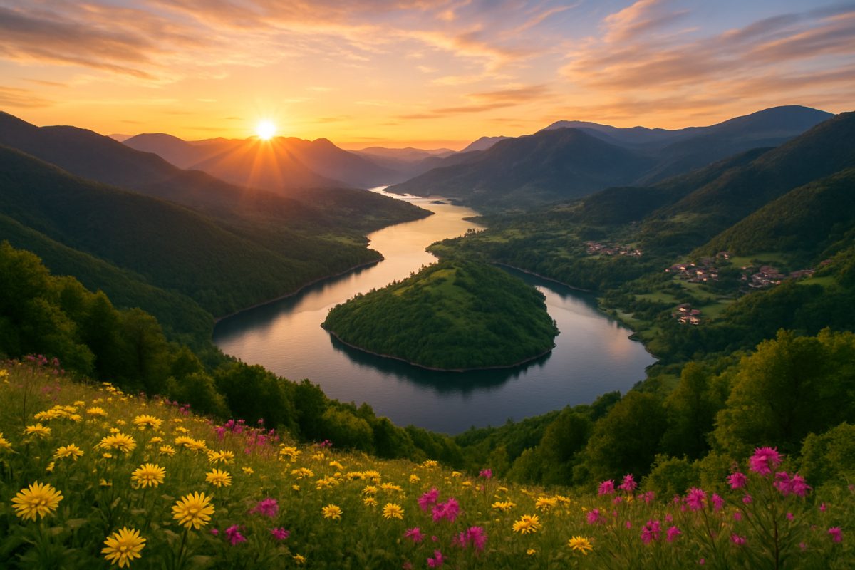 A stunning landscape photograph capturing the breathtaking view of the Rhodope Mountains at sunrise, bathed in golden light. A winding river reflects the warm colors of the sky, cutting through lush greenery that flanks both sides. In the foreground, wildflowers bloom vibrantly, while distant villages nestle among the hills, hinting at rich cultural ties. High-definition clarity emphasizes the intricate details of nature and architecture, inviting viewers to envision a vibrant future where interconnectedness thrives.