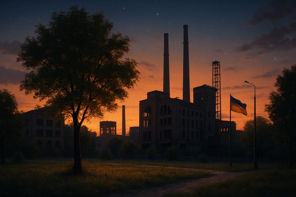 A serene urban landscape in a Ukrainian city, captured during twilight, where the shadows of once-bustling industrial buildings loom quietly in the distance. The foreground features a tranquil park with overgrown grass, a solitary tree standing resiliently, and a soft, golden light filtering through the leaves. Above, the sky transitions from vibrant orange to deep indigo, dotted with early stars. The air feels still, hinting at the unseen mysteries and shifts happening below the surface. The atmosphere is contemplative, reflecting the duality of peace amidst a backdrop of conflict. High definition.