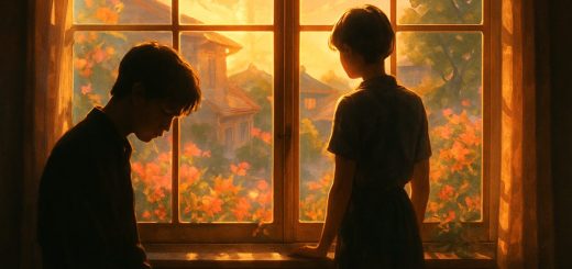 A dreamy, high-definition scene captures the essence of youthful longing, featuring two silhouettes framed by a large window, overlooking a sun-drenched neighborhood bathed in golden light. The vibrant colors of blooming flowers and lush greenery outside contrast with the intimate, soft glow inside. Delicate rays of sunlight filter through the window panes, casting intricate patterns on the wooden floor, creating an atmosphere rich with curiosity and unspoken emotions. One figure gazes down thoughtfully, their expression shrouded in introspection, while the other stands close by, peering outside, lost in daydreams. The overall composition evokes a sense of romantic tension and explores the intersection of ambition and intimacy, inviting viewers to reflect on the complexities of human connection.