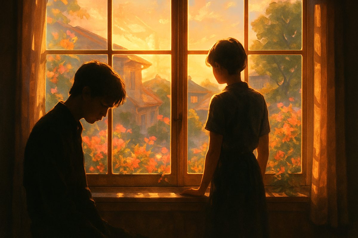 A dreamy, high-definition scene captures the essence of youthful longing, featuring two silhouettes framed by a large window, overlooking a sun-drenched neighborhood bathed in golden light. The vibrant colors of blooming flowers and lush greenery outside contrast with the intimate, soft glow inside. Delicate rays of sunlight filter through the window panes, casting intricate patterns on the wooden floor, creating an atmosphere rich with curiosity and unspoken emotions. One figure gazes down thoughtfully, their expression shrouded in introspection, while the other stands close by, peering outside, lost in daydreams. The overall composition evokes a sense of romantic tension and explores the intersection of ambition and intimacy, inviting viewers to reflect on the complexities of human connection.
