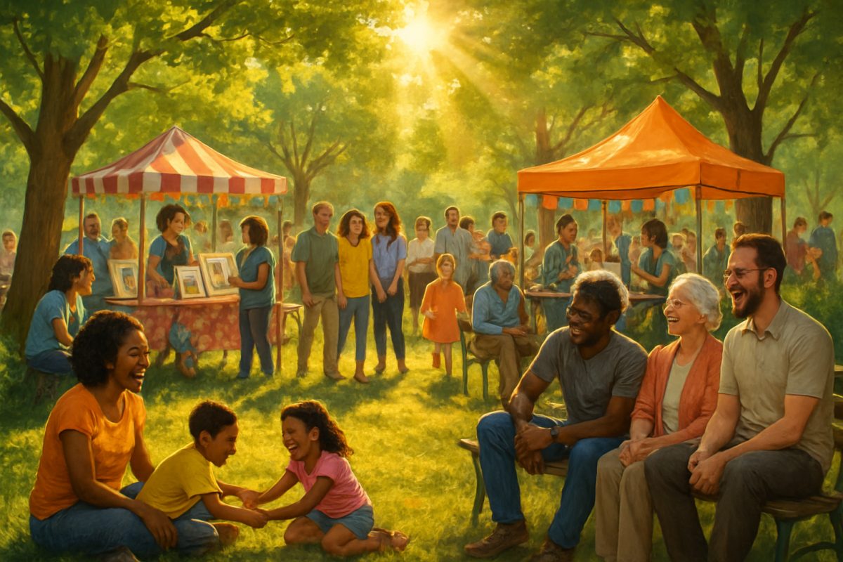 A vibrant community gathering scene in a sunlit park, showcasing a diverse group of people of various ages and backgrounds engaging with one another. Families laugh while children play on the grass, individuals share stories on benches, and local artists display their crafts in colorful stalls. The atmosphere is filled with warmth and connection, symbolizing inclusion and belonging. Surrounding trees bloom with green leaves, and rays of sunlight filter through, creating an inviting ambiance. Ensure the image is in high definition.