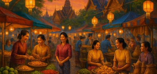 A vibrant scene depicting a bustling Thai street market at sunset, with colorful stalls filled with fresh produce, fragrant street food, and traditional crafts. Locals in traditional clothing engage in lively conversations, while lanterns begin to illuminate the scene, casting a warm glow over smiling faces. In the background, intricate architecture reminiscent of Thai temples can be seen, surrounded by lush greenery. The atmosphere buzzes with energy and cultural richness, inviting viewers to immerse themselves in the unique charm of Thailand. Please make the image in high definition.