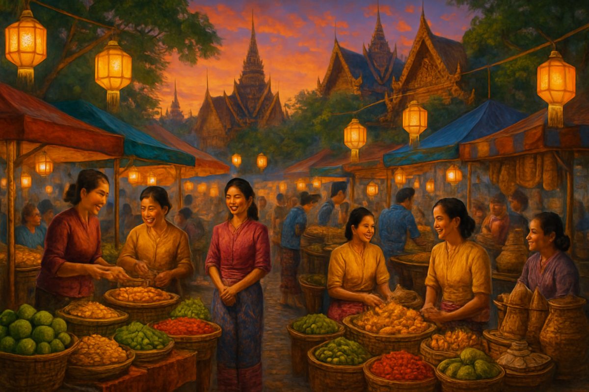 A vibrant scene depicting a bustling Thai street market at sunset, with colorful stalls filled with fresh produce, fragrant street food, and traditional crafts. Locals in traditional clothing engage in lively conversations, while lanterns begin to illuminate the scene, casting a warm glow over smiling faces. In the background, intricate architecture reminiscent of Thai temples can be seen, surrounded by lush greenery. The atmosphere buzzes with energy and cultural richness, inviting viewers to immerse themselves in the unique charm of Thailand. Please make the image in high definition.