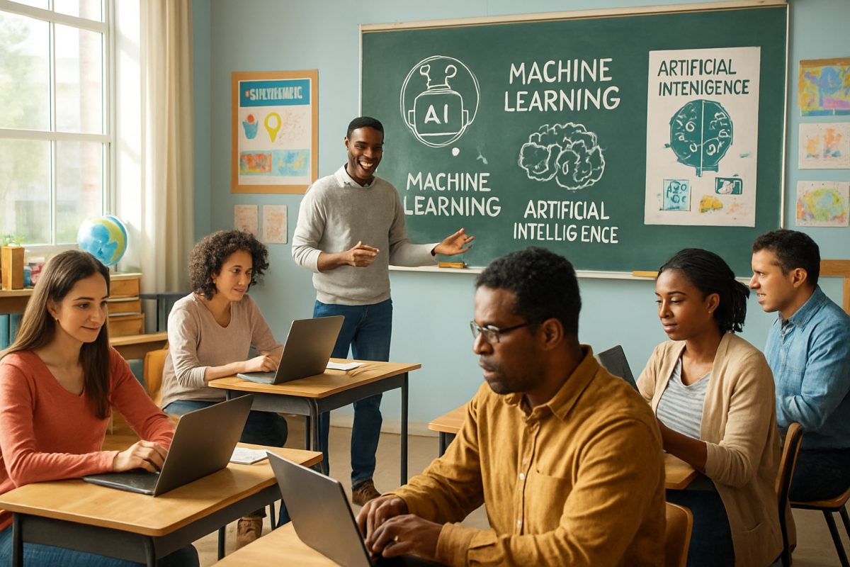 A serene classroom scene, filled with natural light streaming through large windows, where a diverse group of engaged parents is actively participating in a hands-on AI literacy workshop. Each parent is at a computer or tablet, with expressions of curiosity and determination as they learn together alongside a knowledgeable instructor. Colorful educational materials and visuals on the walls enhance the vibrant atmosphere, with children's drawings and technology-themed posters adding warmth and inspiration. High definition.