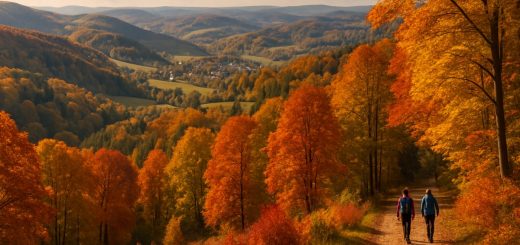 A breathtaking panoramic view of the rolling hills and lush forests of Landkreis Vogtlandkreis during a vibrant autumn day. The landscape is ablaze with shades of crimson, gold, and orange as the foliage transforms, with a serene village nestled in the distance. A few hikers stroll along a winding trail that cuts through the colorful foliage, while soft sunlight filters through the trees, casting warm, dappled shadows on the ground. Capture the essence of tranquility and natural beauty in high definition, inviting viewers to immerse themselves in this idyllic setting.