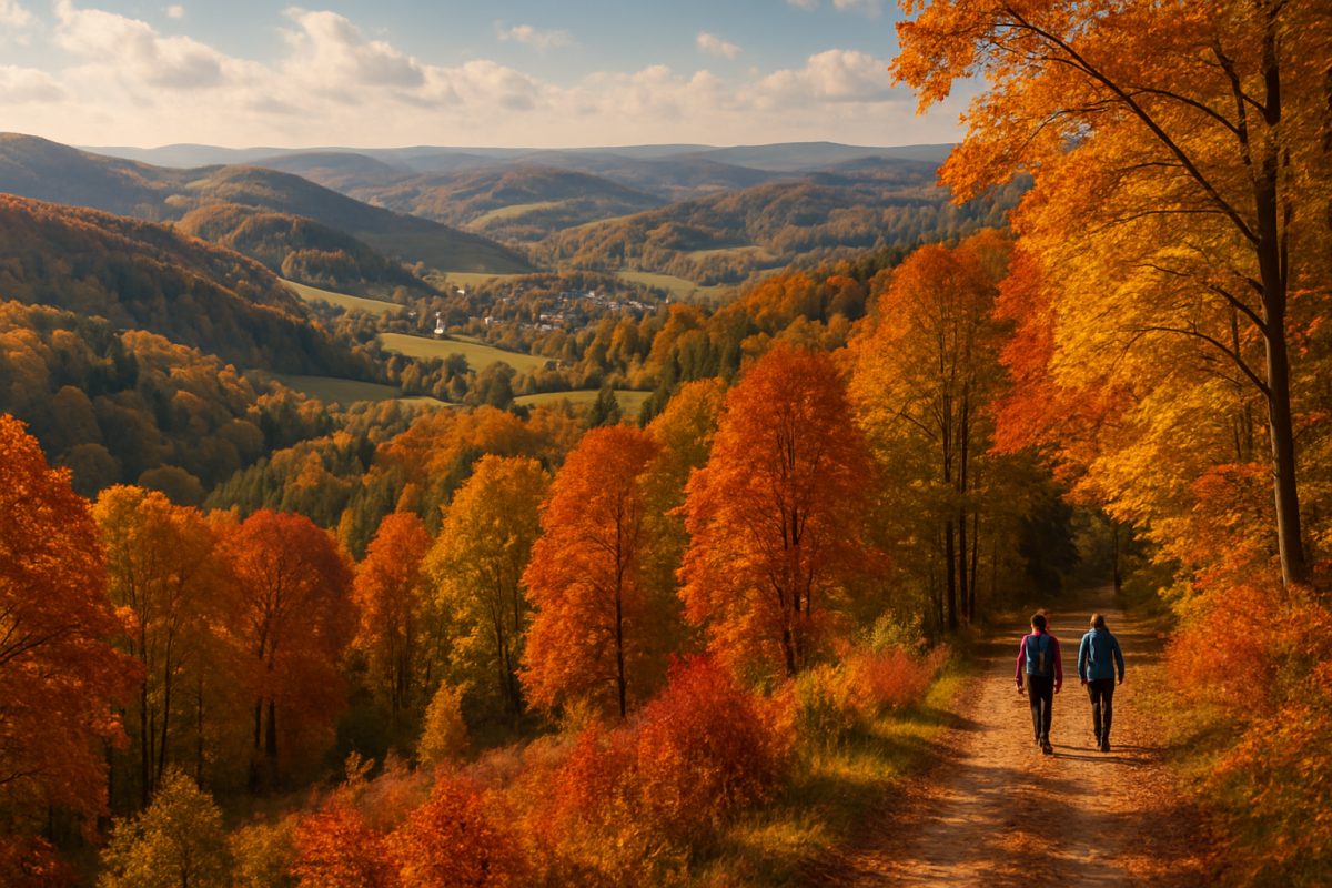 A breathtaking panoramic view of the rolling hills and lush forests of Landkreis Vogtlandkreis during a vibrant autumn day. The landscape is ablaze with shades of crimson, gold, and orange as the foliage transforms, with a serene village nestled in the distance. A few hikers stroll along a winding trail that cuts through the colorful foliage, while soft sunlight filters through the trees, casting warm, dappled shadows on the ground. Capture the essence of tranquility and natural beauty in high definition, inviting viewers to immerse themselves in this idyllic setting.