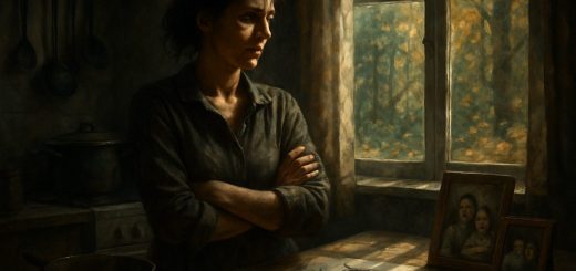 A captivating scene unfolds in a dimly lit kitchen, where a mother stands at the center, deep in thought, surrounded by pots and utensils that subtly hint at chaos and order. Light pours in through a window, casting dramatic shadows that dance across her face, reflecting her inner conflict and strength. On the table, a child's drawing of a monstrous figure contrasts with gentle family photos, symbolizing the tension between fear and love. Outside, glimpses of a vibrant forest peek through, blending reality and fantasy, creating a rich tapestry that invites introspection. The atmosphere is charged with emotion, evoking themes of motherhood, identity, and resilience. Create this image in high definition.