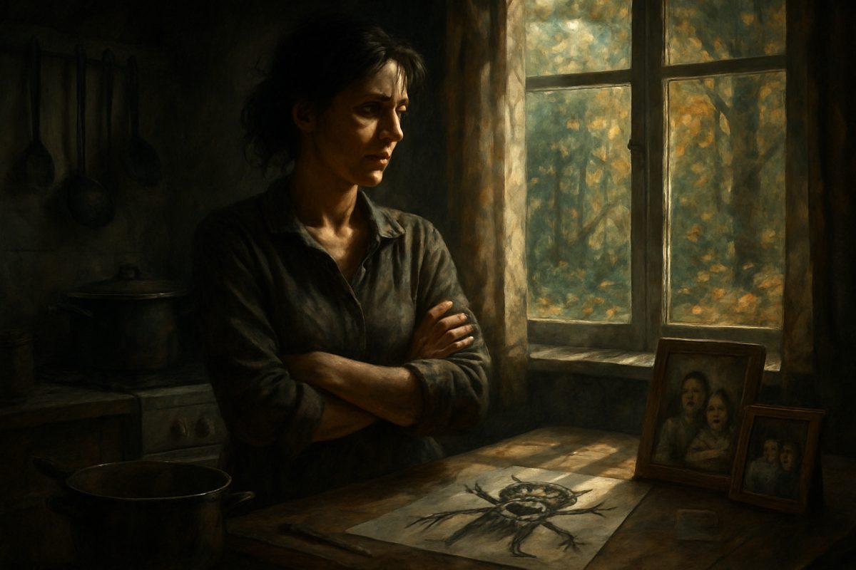 A captivating scene unfolds in a dimly lit kitchen, where a mother stands at the center, deep in thought, surrounded by pots and utensils that subtly hint at chaos and order. Light pours in through a window, casting dramatic shadows that dance across her face, reflecting her inner conflict and strength. On the table, a child's drawing of a monstrous figure contrasts with gentle family photos, symbolizing the tension between fear and love. Outside, glimpses of a vibrant forest peek through, blending reality and fantasy, creating a rich tapestry that invites introspection. The atmosphere is charged with emotion, evoking themes of motherhood, identity, and resilience. Create this image in high definition.