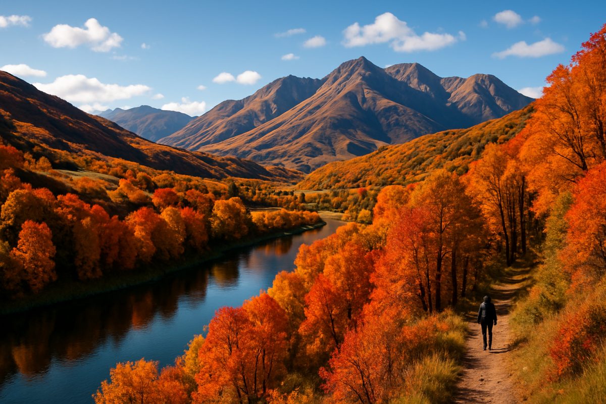 A breathtaking high-definition landscape of Southland District during autumn, showcasing rolling hills adorned with vibrant hues of orange, gold, and deep red foliage. In the foreground, a serene winding river reflects the colorful trees, while distant, rugged mountains rise majestically under a clear blue sky. A few scattered clouds add depth to the scene, and a lone figure is seen walking a forested trail, embodying the peaceful exploration of this stunning wilderness.