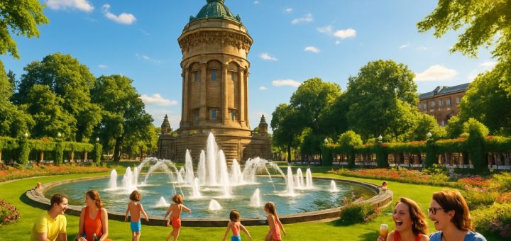 A vibrant summer scene showcasing the Mannheim Water Tower surrounded by lush green gardens in Friedrichsplatz Square. The majestic Baroque architecture of the tower rises gracefully under a clear blue sky, complemented by playful fountains and joyful visitors enjoying picnics on the grass. Children splash in the fountain while adults savor ice cream and laughter fills the air. The entire scene is bathed in warm golden sunlight, radiating the lively atmosphere of a bustling summer day. High definition.