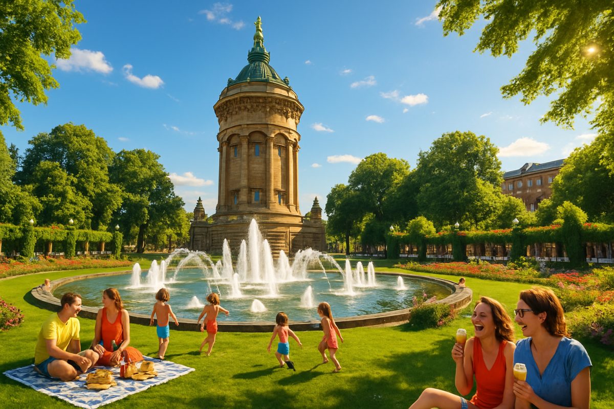 A vibrant summer scene showcasing the Mannheim Water Tower surrounded by lush green gardens in Friedrichsplatz Square. The majestic Baroque architecture of the tower rises gracefully under a clear blue sky, complemented by playful fountains and joyful visitors enjoying picnics on the grass. Children splash in the fountain while adults savor ice cream and laughter fills the air. The entire scene is bathed in warm golden sunlight, radiating the lively atmosphere of a bustling summer day. High definition.
