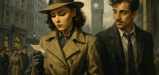 A high-definition illustration of a stylish 1950s London street scene, bustling with elegantly dressed men and women. Focus on a young female detective in a vintage trench coat, meticulously examining clues with a thoughtful expression, while a charming, slightly disheveled male counterpart observes her from a side angle. The background features classic London architecture, with soft, moody lighting that evokes a sense of mystery and nostalgia. A black-and-white film poster aesthetic subtly blends with rich colors, enhancing the enchanting yet suspenseful atmosphere of a whodunit narrative.