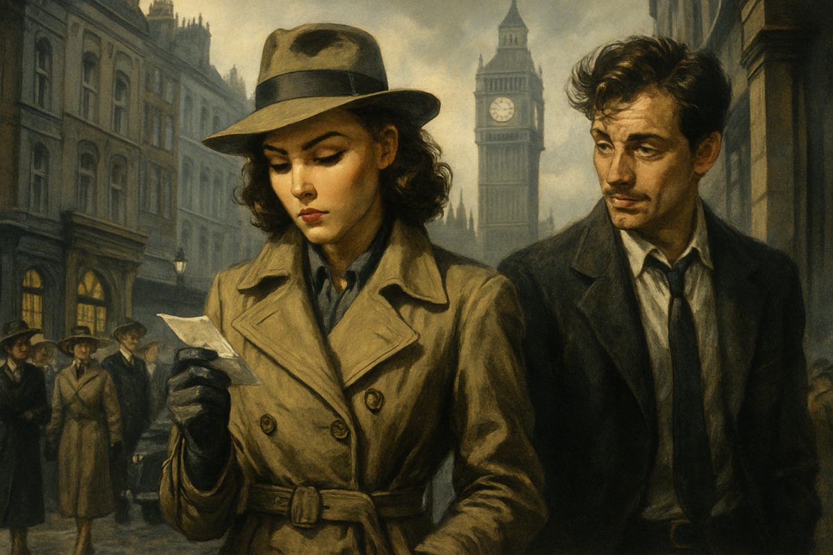 A high-definition illustration of a stylish 1950s London street scene, bustling with elegantly dressed men and women. Focus on a young female detective in a vintage trench coat, meticulously examining clues with a thoughtful expression, while a charming, slightly disheveled male counterpart observes her from a side angle. The background features classic London architecture, with soft, moody lighting that evokes a sense of mystery and nostalgia. A black-and-white film poster aesthetic subtly blends with rich colors, enhancing the enchanting yet suspenseful atmosphere of a whodunit narrative.