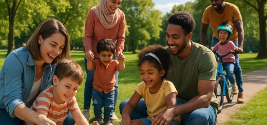 A serene family scene unfolds in a sun-drenched park, where a diverse group of parents and children engage in playful outdoor activities. The parents, embodying a variety of parenting styles, display warmth and connection, with gentle interactions that illustrate nurturing guidance. Children of different ages laugh and play, perhaps building a sandcastle or going for a bike ride, showcasing the joyous freedom of childhood against a backdrop of lush greenery and a clear blue sky. The composition beautifully balances the vibrancy of family life with an atmosphere of shared experiences and cultural richness. High definition, vivid colors, and intricate details bring this moment to life, capturing the essence of healthy relationships and the complexity of upbringing in a multicultural world.