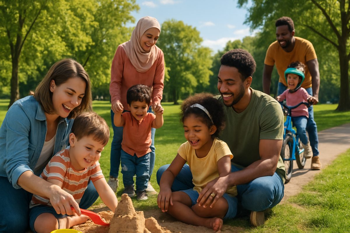 A serene family scene unfolds in a sun-drenched park, where a diverse group of parents and children engage in playful outdoor activities. The parents, embodying a variety of parenting styles, display warmth and connection, with gentle interactions that illustrate nurturing guidance. Children of different ages laugh and play, perhaps building a sandcastle or going for a bike ride, showcasing the joyous freedom of childhood against a backdrop of lush greenery and a clear blue sky. The composition beautifully balances the vibrancy of family life with an atmosphere of shared experiences and cultural richness. High definition, vivid colors, and intricate details bring this moment to life, capturing the essence of healthy relationships and the complexity of upbringing in a multicultural world.