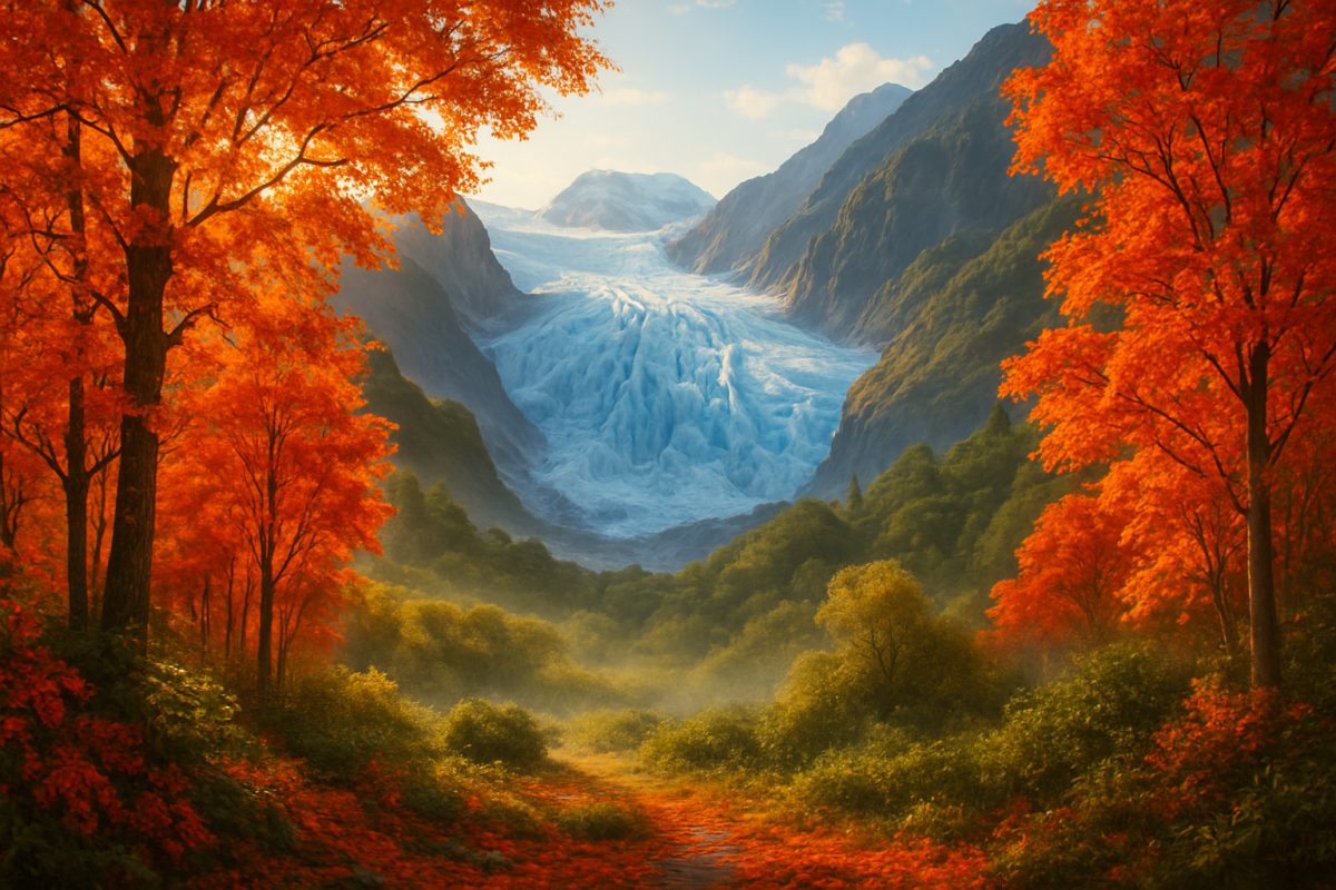 A breathtaking high-definition illustration of Fox Glacier during autumn, showcasing the contrast between the vibrant hues of red, orange, and gold foliage in the foreground and the majestic blue and white ice of the glacier in the background. Sunlight filters through the trees, casting warm, golden light over the scene and illuminating the textures of the leaf-covered ground. Gentle mist hovers above the lush greenery, creating a serene, magical atmosphere that invites exploration and contemplation. The peacefulness of the setting captures the essence of tranquility, making it an ideal visual companion to a reflective journey through nature’s wonders.