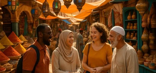 A vibrant street scene in a bustling Arabic market, showcasing intricately designed lanterns hanging above colorful stalls filled with spices, textiles, and traditional crafts. In the foreground, a group of people from diverse backgrounds engages in conversation, exchanging smiles and laughter, embodying cultural connection and learning. The warm sunlight filters through the soft fabric of the tents, casting beautiful patterns on the cobblestone ground, with the aroma of spices wafting through the air. Create this image in high definition.