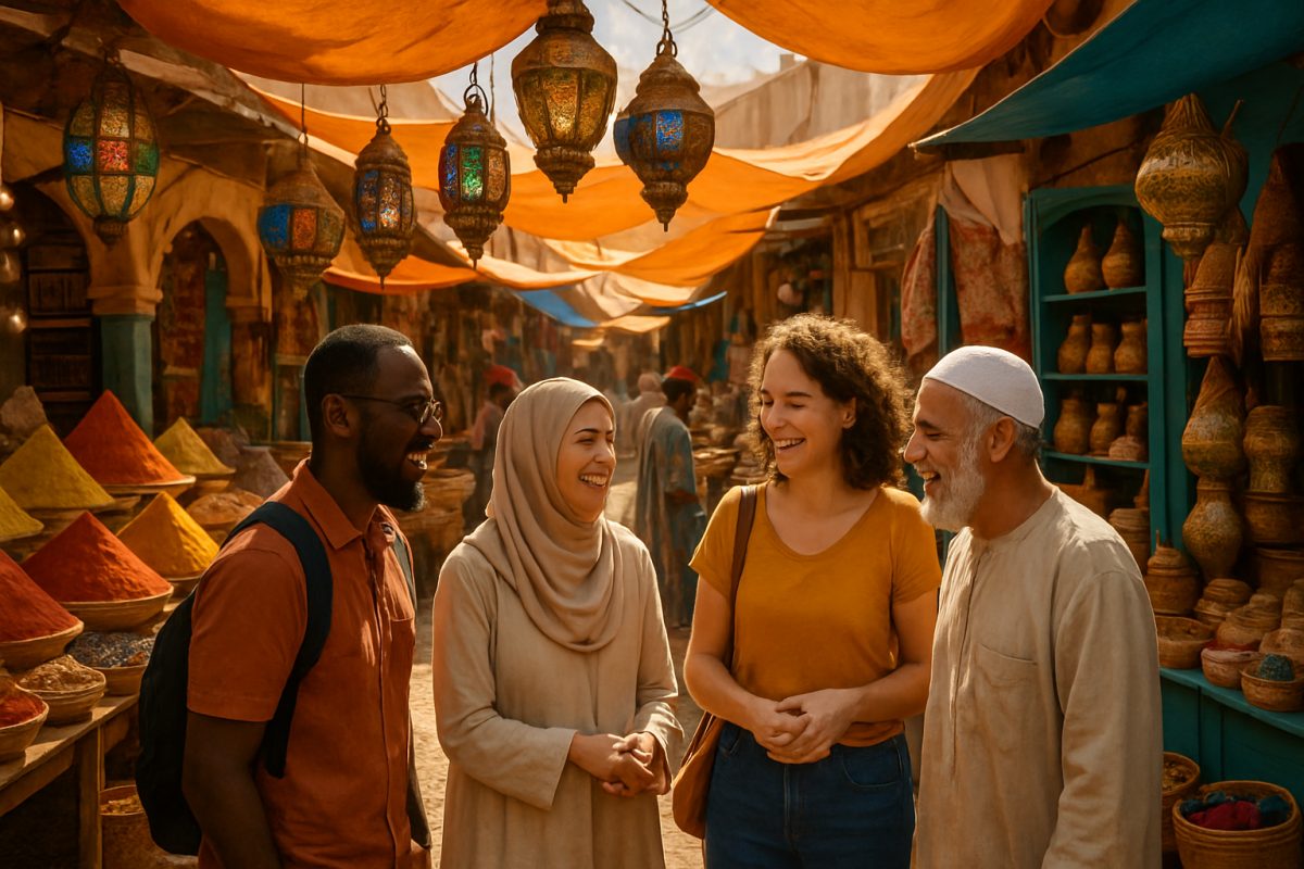 A vibrant street scene in a bustling Arabic market, showcasing intricately designed lanterns hanging above colorful stalls filled with spices, textiles, and traditional crafts. In the foreground, a group of people from diverse backgrounds engages in conversation, exchanging smiles and laughter, embodying cultural connection and learning. The warm sunlight filters through the soft fabric of the tents, casting beautiful patterns on the cobblestone ground, with the aroma of spices wafting through the air. Create this image in high definition.