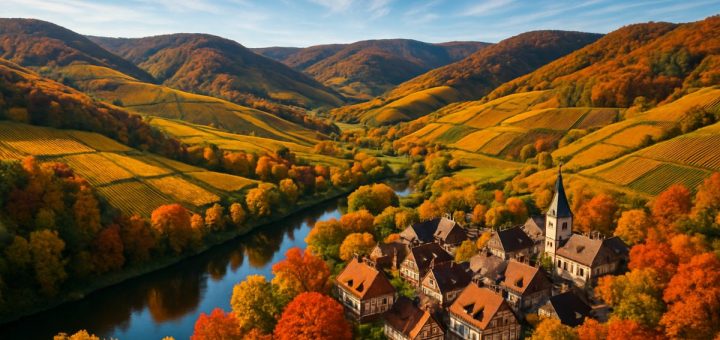 A breathtaking aerial view of the rolling hills of Rheinland-Pfalz during the peak of autumn, showcasing vibrant hues of gold, auburn, and deep green. The landscape is dotted with picturesque vineyards, their rows of grapevines shimmering in the light. In the foreground, a quaint medieval village with traditional half-timbered houses nestles amidst the foliage, while a meandering river reflects the colorful leaves overhead. The sky is a brilliant blue, streaked with wispy clouds, enhancing the warmth of the scene. This vivid composition invites viewers to immerse themselves in the charm and beauty of the region during its most enchanting season. Create this image in high definition.