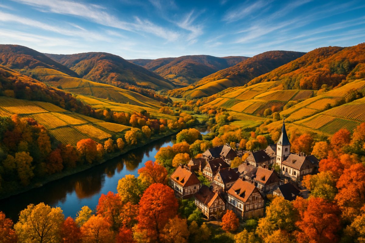 A breathtaking aerial view of the rolling hills of Rheinland-Pfalz during the peak of autumn, showcasing vibrant hues of gold, auburn, and deep green. The landscape is dotted with picturesque vineyards, their rows of grapevines shimmering in the light. In the foreground, a quaint medieval village with traditional half-timbered houses nestles amidst the foliage, while a meandering river reflects the colorful leaves overhead. The sky is a brilliant blue, streaked with wispy clouds, enhancing the warmth of the scene. This vivid composition invites viewers to immerse themselves in the charm and beauty of the region during its most enchanting season. Create this image in high definition.