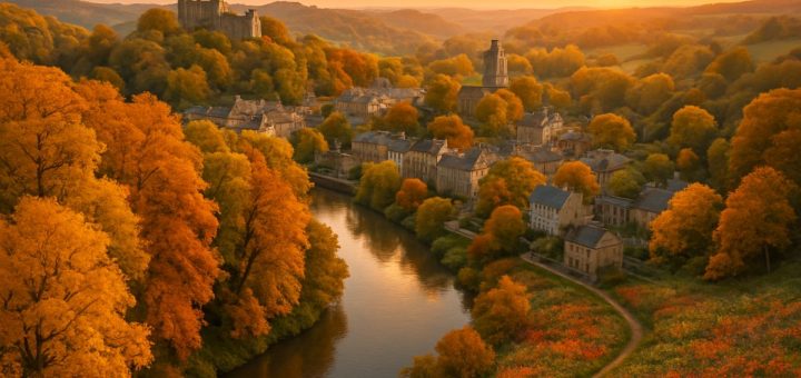 A stunning aerial view of Warkworth during autumn, showcasing vibrant foliage in shades of gold and orange blanketing the landscape. Below, the charming town is nestled among rolling hills, with historic buildings peeking through the trees. The tranquil Tawharanui Regional Park lies nearby, its trails alive with colorful wildflowers. A gentle river meanders through the scene, reflecting the warm hues of the sunset sky, inviting viewers to experience the serene beauty of this enchanting destination. High definition.