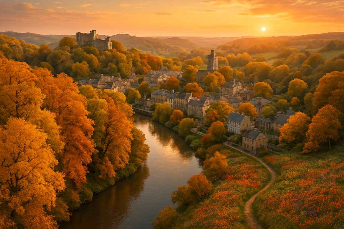A stunning aerial view of Warkworth during autumn, showcasing vibrant foliage in shades of gold and orange blanketing the landscape. Below, the charming town is nestled among rolling hills, with historic buildings peeking through the trees. The tranquil Tawharanui Regional Park lies nearby, its trails alive with colorful wildflowers. A gentle river meanders through the scene, reflecting the warm hues of the sunset sky, inviting viewers to experience the serene beauty of this enchanting destination. High definition.