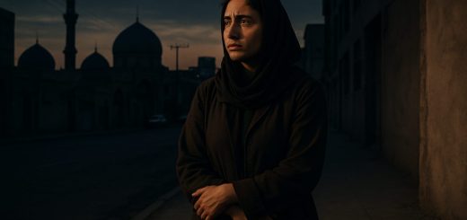 A powerful image captures a solitary woman standing at the edge of a stark, urban landscape at dusk. The fading light casts long shadows, hinting at the weight of societal expectations surrounding her. In her expression, a blend of resilience and vulnerability is visible as she gazes into the distance with a sense of determination. Around her, faint outlines of traditional Iranian architecture loom in the background, juxtaposed against the modern cityscape, symbolizing the clash between cultural norms and individual agency. The atmosphere is charged with emotion, invoking both strength and the subtle dangers that lurk within the complexities of her environment. The scene is rendered in high definition, highlighting the intricate details of her attire and the textures of the city.