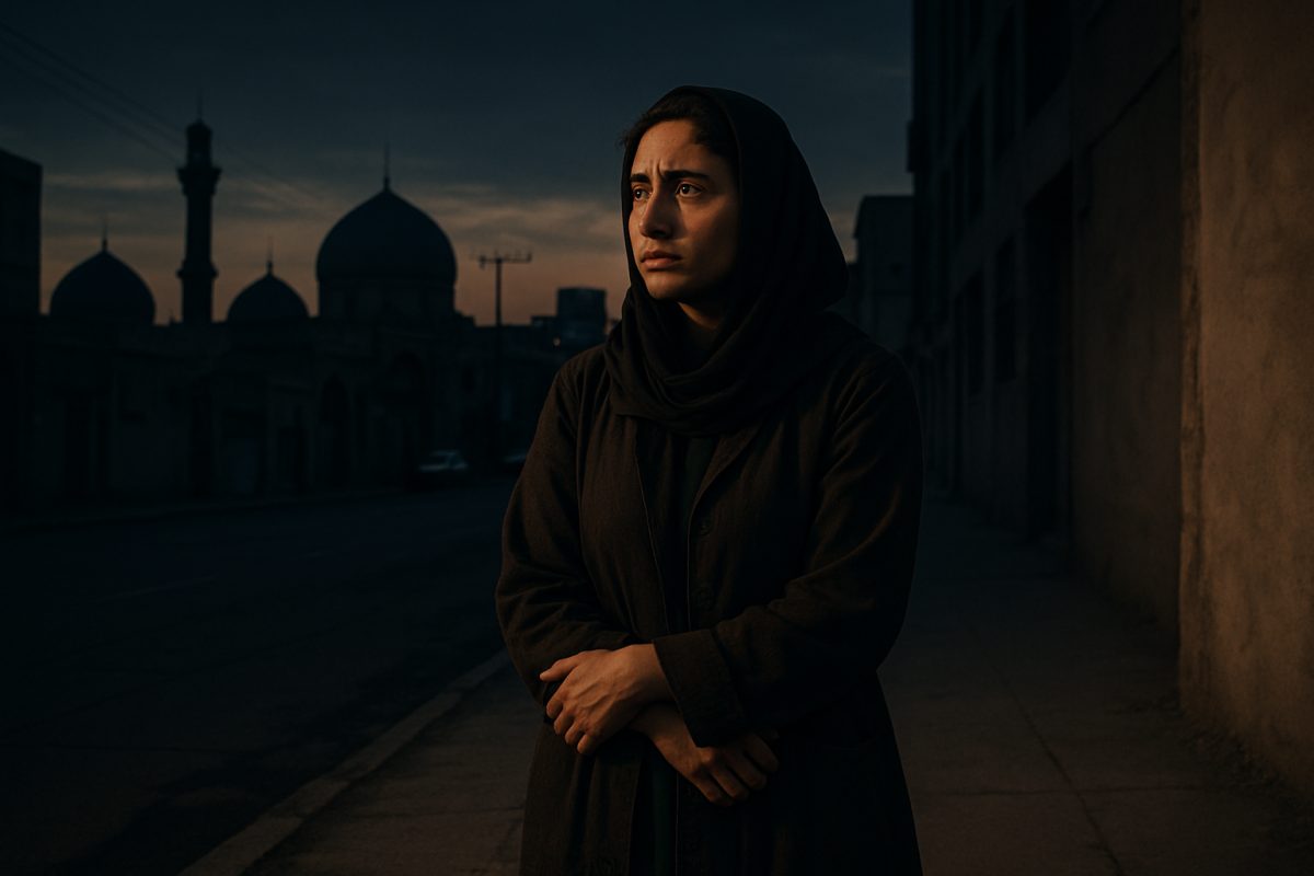 A powerful image captures a solitary woman standing at the edge of a stark, urban landscape at dusk. The fading light casts long shadows, hinting at the weight of societal expectations surrounding her. In her expression, a blend of resilience and vulnerability is visible as she gazes into the distance with a sense of determination. Around her, faint outlines of traditional Iranian architecture loom in the background, juxtaposed against the modern cityscape, symbolizing the clash between cultural norms and individual agency. The atmosphere is charged with emotion, invoking both strength and the subtle dangers that lurk within the complexities of her environment. The scene is rendered in high definition, highlighting the intricate details of her attire and the textures of the city.