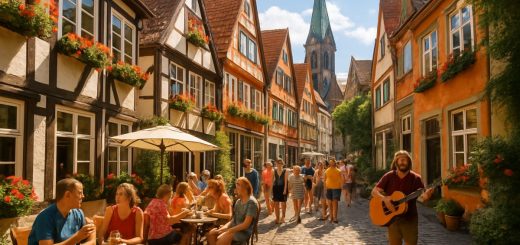 A high-definition image of Bremen’s picturesque Schnoor Quarter in summer, showcasing the charming half-timbered houses adorned with colorful flowers. The cobbled streets are busy with joyful tourists sipping beverages at outdoor cafés and musicians playing lively tunes. Sunlight bathes the scene in warm hues, while a backdrop of historic architecture hints at the city’s rich heritage. Green foliage from nearby trees frames the streets, creating a vibrant yet inviting atmosphere, epitomizing the charm and liveliness of Bremen in summer.