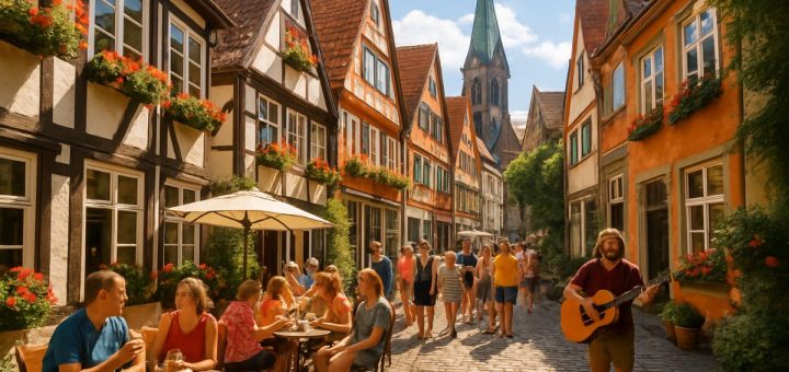 A high-definition image of Bremen’s picturesque Schnoor Quarter in summer, showcasing the charming half-timbered houses adorned with colorful flowers. The cobbled streets are busy with joyful tourists sipping beverages at outdoor cafés and musicians playing lively tunes. Sunlight bathes the scene in warm hues, while a backdrop of historic architecture hints at the city’s rich heritage. Green foliage from nearby trees frames the streets, creating a vibrant yet inviting atmosphere, epitomizing the charm and liveliness of Bremen in summer.