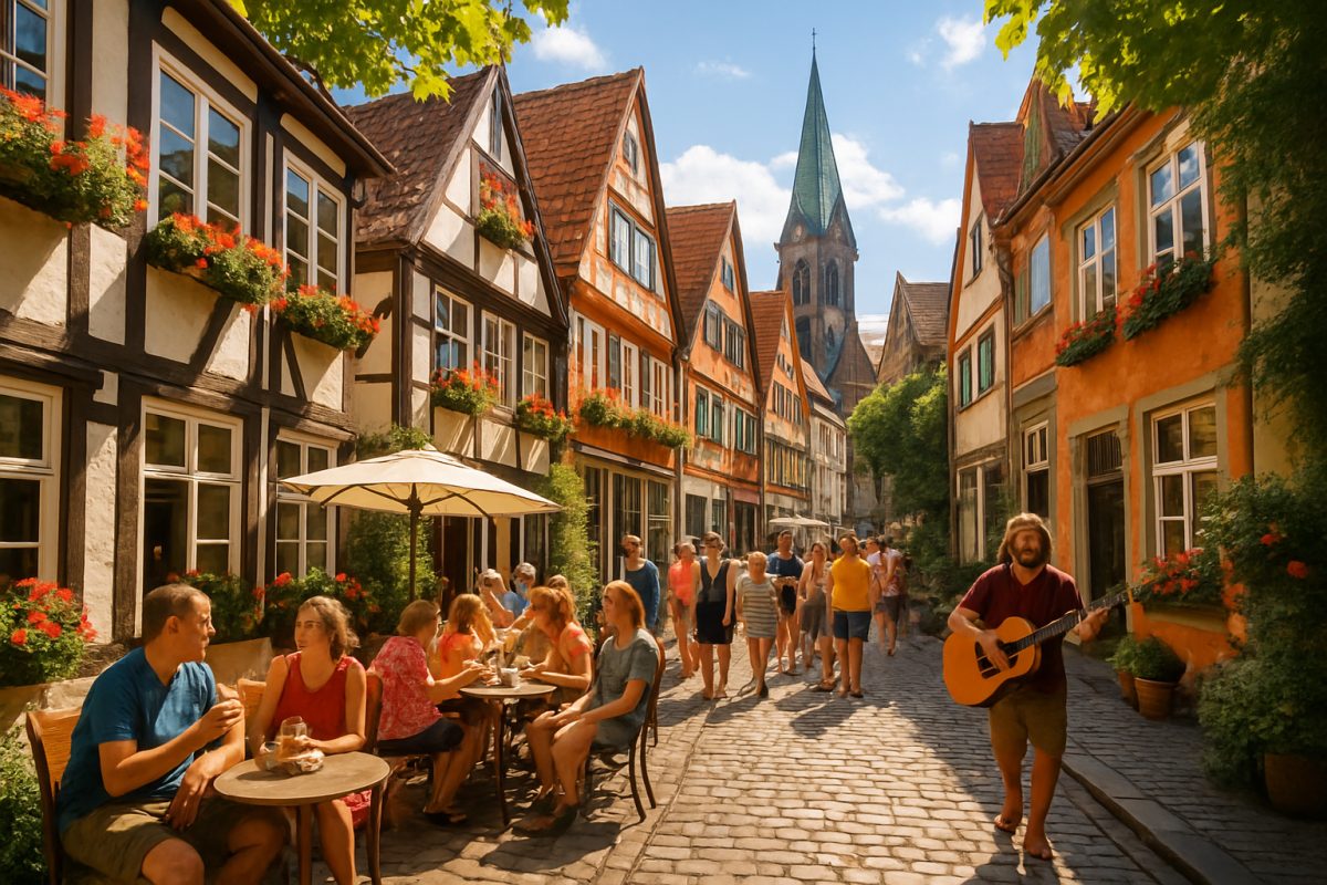 A high-definition image of Bremen’s picturesque Schnoor Quarter in summer, showcasing the charming half-timbered houses adorned with colorful flowers. The cobbled streets are busy with joyful tourists sipping beverages at outdoor cafés and musicians playing lively tunes. Sunlight bathes the scene in warm hues, while a backdrop of historic architecture hints at the city’s rich heritage. Green foliage from nearby trees frames the streets, creating a vibrant yet inviting atmosphere, epitomizing the charm and liveliness of Bremen in summer.