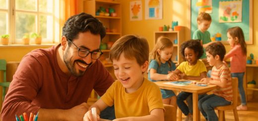 A warm, sunlit classroom filled with children engaged in creative play, laughter echoing off the colorful walls. In the foreground, a caring parent and child sit together at a small table, working on a project, their expressions reflecting joy and connection. The background features other children collaborating, painting and building together, fostering a sense of community and emotional well-being. High definition, vibrant colors bring the scene to life, capturing the essence of nurturing relationships and supportive learning environments.
