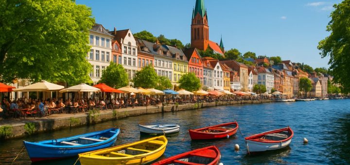 A high-definition image of Flensburg's vibrant waterfront during summer, showcasing colorful boats bobbing gently in the Flensburg Fjord, surrounded by bright green trees. The scene is lively, with people enjoying the sun on outdoor café terraces, umbrellas shading smiling faces. In the background, historic buildings with traditional architecture rise against a clear blue sky, while the shimmering water reflects the warm sunlight, evoking a feeling of joyous summer exploration.
