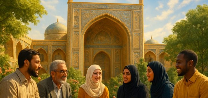 A high-definition image of an intricate, ornate Islamic architectural structure, drenched in golden sunlight, surrounded by lush greenery and blooming flowers. In the foreground, a diverse group of people, including men and women of various ages and backgrounds, engage in a lively discussion, symbolizing inclusivity and collaboration. The sky is a vibrant blue with soft, wispy clouds, adding to the atmosphere of harmony and hope. This scene captures the essence of bridging tradition and modernity in a setting that reflects both cultural heritage and aspirations for sustainable development.