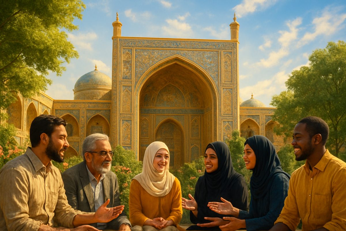 A high-definition image of an intricate, ornate Islamic architectural structure, drenched in golden sunlight, surrounded by lush greenery and blooming flowers. In the foreground, a diverse group of people, including men and women of various ages and backgrounds, engage in a lively discussion, symbolizing inclusivity and collaboration. The sky is a vibrant blue with soft, wispy clouds, adding to the atmosphere of harmony and hope. This scene captures the essence of bridging tradition and modernity in a setting that reflects both cultural heritage and aspirations for sustainable development.