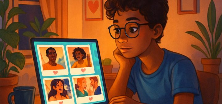 A vibrant, high-definition digital illustration of a young person sitting at a cozy desk in a softly lit room, surrounded by plants and personal items that reflect their personality. The individual gazes intently at their laptop screen, where colorful, dynamic profiles from a dating app are displayed, showcasing images of diverse individuals in various social settings. A gentle glow from the screen highlights the person’s pensive expression, embodying feelings of excitement and anticipation. The background suggests a warm atmosphere, with cozy furnishings that create a sense of intimacy and modernity, capturing the essence of online connection and the emotional stakes of digital dating.