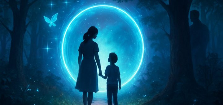Create a high-definition image of a whimsical, dreamlike landscape where a glowing portal opens in a serene forest, blending elements of the past and future. Two silhouettes—a mother and a young son—stand in awe at the edge of a path, illuminated by the ethereal light emanating from the portal. Around them, lush greenery mingles with hints of futuristic technology, like floating holographic butterflies and shimmering stars. In the background, a shadow of a father figure can be seen, gently watching over them from behind a tree. The scene captures the essence of nostalgia intertwined with enchanting adventure, evoking a sense of wonder and familial connection.