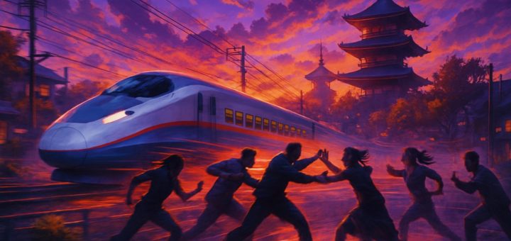 A dynamic scene depicting a high-speed train racing through a vibrant Japanese landscape, set against a twilight sky bursting with purples and oranges. The train itself is sleek and modern, leaving a trail of colorful light in its wake. Surrounding the train, blurred silhouettes of diverse characters—men and women—engaged in a dramatic, choreographed dance, capturing both conflict and collaboration. Their movements reflect a blend of strength and grace, illustrating the fluidity of gender roles. The image radiates energy and excitement, with intricate details highlighting urban elements and natural beauty, all rendered in high definition.
