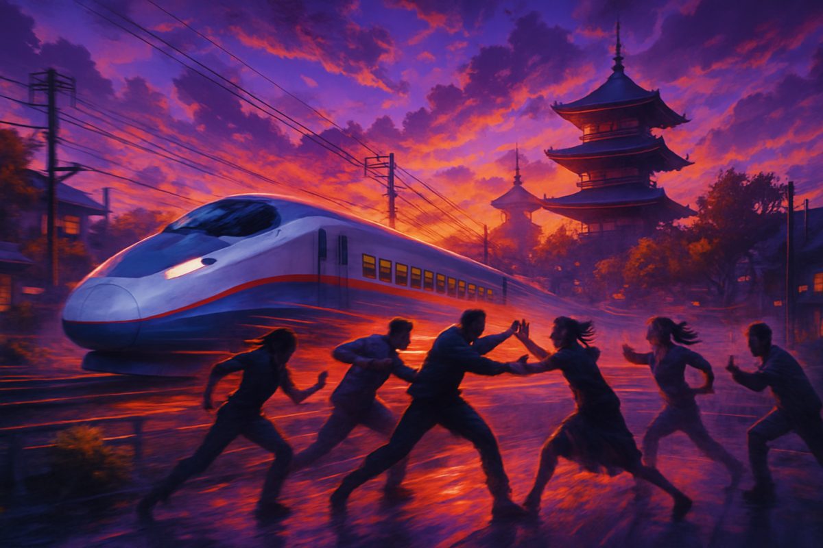 A dynamic scene depicting a high-speed train racing through a vibrant Japanese landscape, set against a twilight sky bursting with purples and oranges. The train itself is sleek and modern, leaving a trail of colorful light in its wake. Surrounding the train, blurred silhouettes of diverse characters—men and women—engaged in a dramatic, choreographed dance, capturing both conflict and collaboration. Their movements reflect a blend of strength and grace, illustrating the fluidity of gender roles. The image radiates energy and excitement, with intricate details highlighting urban elements and natural beauty, all rendered in high definition.