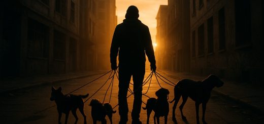 A captivating high-definition photograph capturing a shadowy urban landscape at dusk, where a solitary figure stands on a cracked sidewalk, surrounded by the playful tangle of leashes connecting to several dogs of various breeds. The golden-hour sunlight filters through the tall, dilapidated buildings, casting warm glows against the rough textures of concrete and graffiti. In the foreground, the figure’s silhouette shows a strong, yet vulnerable posture, with hints of both resilience and introspection. The scene balances the gritty ambiance of the city with the tender interplay of human and canine companionship, evoking a profound juxtaposition of solitude and connection.