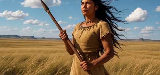 A high-definition image of a fierce, indigenous woman standing proudly on a sweeping, sunlit expanse of the Great Plains, with windswept grass surrounding her as she gazes into the distance. The vast blue sky above is dotted with fluffy white clouds, and the distant silhouettes of rugged hills can be seen on the horizon. In her hands, she holds a wooden spear, symbolizing strength and resilience. The atmosphere radiates empowerment and connection to nature, encapsulating the spirit of survival and determination, as the landscape reflects both beauty and the challenges she faces.