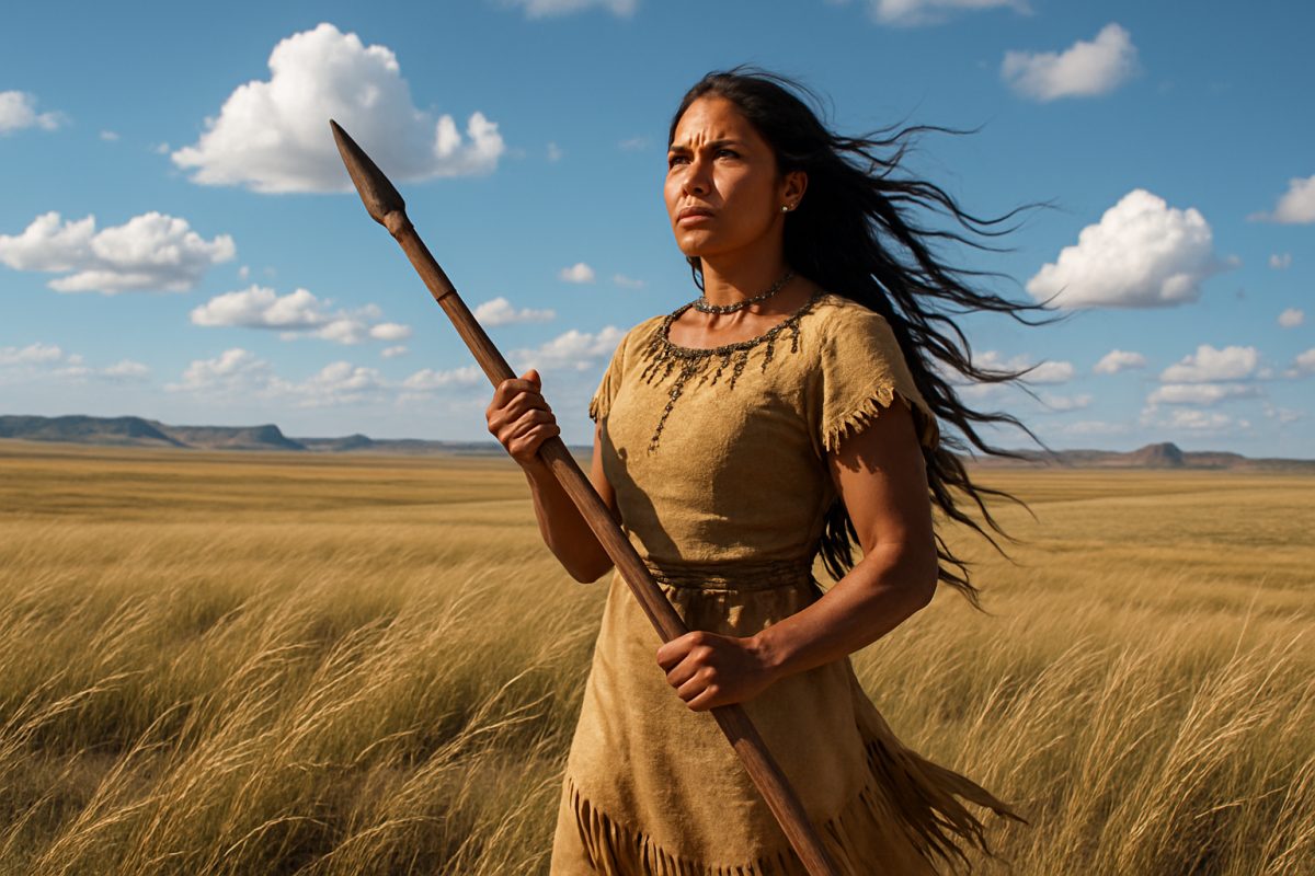 A high-definition image of a fierce, indigenous woman standing proudly on a sweeping, sunlit expanse of the Great Plains, with windswept grass surrounding her as she gazes into the distance. The vast blue sky above is dotted with fluffy white clouds, and the distant silhouettes of rugged hills can be seen on the horizon. In her hands, she holds a wooden spear, symbolizing strength and resilience. The atmosphere radiates empowerment and connection to nature, encapsulating the spirit of survival and determination, as the landscape reflects both beauty and the challenges she faces.
