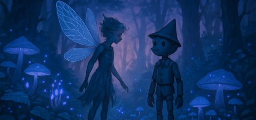 A high-definition illustration of a whimsical, ethereal forest at twilight, where vibrant, enchanted flora glows softly in shades of blue and purple. In the foreground, a delicate wood sprite with intricate wings stands beside a wooden puppet, evoking a sense of magic and transience. Light filters through the trees, casting playful shadows that dance among the lush, mysterious foliage. The atmosphere is both haunting and beautiful, blending elements of wonder and depth, inviting viewers into a realm where creation and the ethereal intertwine.