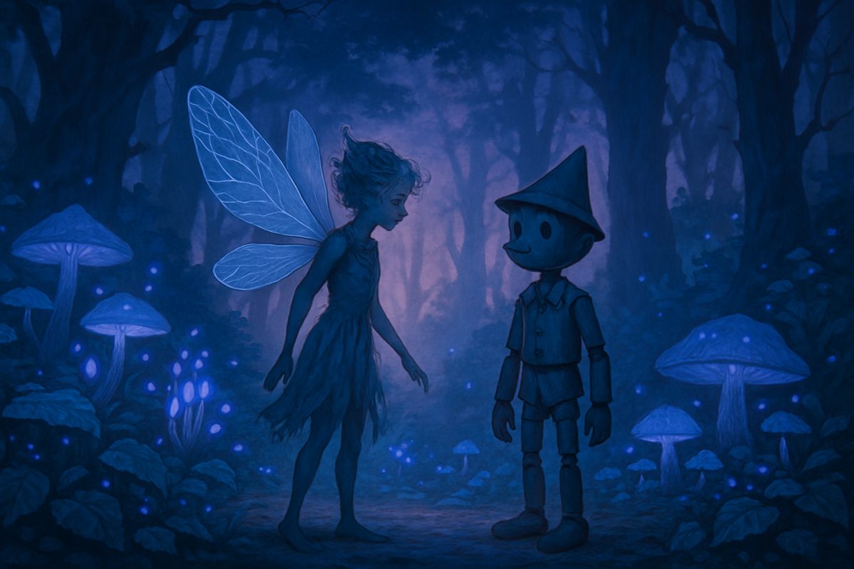 A high-definition illustration of a whimsical, ethereal forest at twilight, where vibrant, enchanted flora glows softly in shades of blue and purple. In the foreground, a delicate wood sprite with intricate wings stands beside a wooden puppet, evoking a sense of magic and transience. Light filters through the trees, casting playful shadows that dance among the lush, mysterious foliage. The atmosphere is both haunting and beautiful, blending elements of wonder and depth, inviting viewers into a realm where creation and the ethereal intertwine.