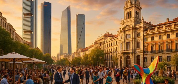 A bustling cityscape of Madrid during golden hour, showcasing a blend of modern skyscrapers and historic architecture, symbolizing Spain's economic growth and transformation. The vibrant streets are filled with diverse people engaged in business, learning, and community interactions. Lively outdoor cafés are buzzing with conversation, while greenery and art installations add a touch of warmth and creativity to the urban scene. Capture this moment in high definition, emphasizing the dynamic energy and cultural richness of Spain as it strides forward into a new era of business ethics and responsibility.