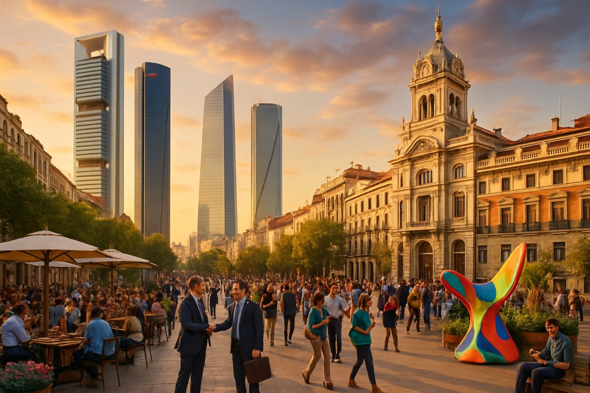 A bustling cityscape of Madrid during golden hour, showcasing a blend of modern skyscrapers and historic architecture, symbolizing Spain's economic growth and transformation. The vibrant streets are filled with diverse people engaged in business, learning, and community interactions. Lively outdoor cafés are buzzing with conversation, while greenery and art installations add a touch of warmth and creativity to the urban scene. Capture this moment in high definition, emphasizing the dynamic energy and cultural richness of Spain as it strides forward into a new era of business ethics and responsibility.