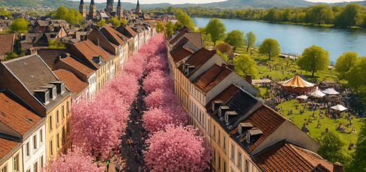 A stunning aerial view of Bonn in spring, showcasing the vibrant cherry blossom trees lining the historic streets of the Altstadt. The image captures the exquisite pink and white blooms set against the backdrop of charming historic buildings, with the serene Rhine River glistening in the sunlight. The scene is alive with people enjoying outdoor activities, picnicking on the lush green lawns of Rheinaue Park, and attending a lively open-air festival. This bright and inviting landscape is depicted in high definition, emphasizing the colors and details of the blossoming flora and the joyful ambiance of the city.