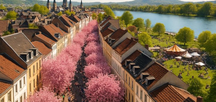 A stunning aerial view of Bonn in spring, showcasing the vibrant cherry blossom trees lining the historic streets of the Altstadt. The image captures the exquisite pink and white blooms set against the backdrop of charming historic buildings, with the serene Rhine River glistening in the sunlight. The scene is alive with people enjoying outdoor activities, picnicking on the lush green lawns of Rheinaue Park, and attending a lively open-air festival. This bright and inviting landscape is depicted in high definition, emphasizing the colors and details of the blossoming flora and the joyful ambiance of the city.